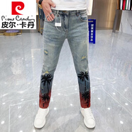 皮爾卡丹（pierre cardin）歐貨彩繪印花破洞針織牛仔褲男拼色漸變椰樹(shù)時(shí)尚個(gè)性修身小腳褲子 淺藍色 34 