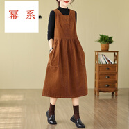 冪系中長款連衣裙女2025秋燈芯絨棉背帶裙復(fù)古文藝雙排扣無袖背心裙子 卡其色 M 110斤以下