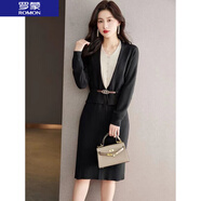 羅蒙（ROMON）針織假兩件連衣裙女裝秋冬2024新款韓版v領(lǐng)中長(zhǎng)款長(zhǎng)袖毛衣A字裙子 黑色 S