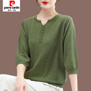 皮爾卡丹（pierre cardin）可外穿打底衫七分袖針織衫冰絲短袖t恤女寬松韓版大碼遮肚子上衣 菜綠色 XL 建議120-135斤