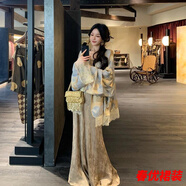 芭瑾圖大碼胖mm新中式盤扣開衫女春季新款顯瘦小眾設(shè)計(jì)吊帶連衣裙兩件套 鳶尾藍(lán) 4XL 建議180-200斤