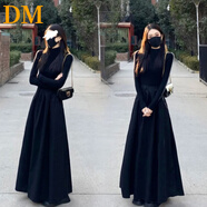 DALEY MODE赫本風(fēng)黑色半高領(lǐng)長(zhǎng)袖連衣裙女2025新款春夏秋高級(jí)感內(nèi)搭打底長(zhǎng)裙 黑色 L