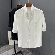 南極人（Nanjiren）感條紋短袖襯衫男潮流修身半袖襯衣夏季潮牌痞帥休閑夏裝上衣 CS612短襯衫白色 M 高品質(zhì)