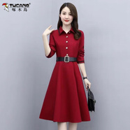 啄木鳥(niǎo)胖妹妹長(cháng)袖大d碼連衣裙女春秋2025新款收腰顯瘦中長(cháng)款洋氣襯衫裙 紅色 【春秋季高質(zhì)量】 M 【建議80-95斤】