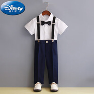 迪士尼（Disney）兒童男童禮服套裝英倫風(fēng)主持人走秀鋼琴演出服夏季花童服裝小西裝 白色鏡面短袖+藏青長褲+背帶+黑 均碼 純棉襯衫透氣舒適