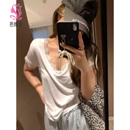 芭雅蓮純欲V領(lǐng)睫毛蕾絲白色T恤內(nèi)搭女春夏寬松慵懶松弛感打底短袖上衣 白色 XL