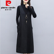 皮爾卡丹（pierre cardin）春秋冬中年媽媽連衣裙毛呢背心裙套裝女中長(cháng)款黑色高貴裙子女裝 背心裙加毛衣 L