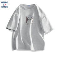 GENIOLAMODEt恤男純棉透氣夏季休閑時尚簡約印花百搭短袖男生衣服 麻灰 2XL