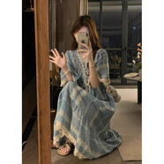 蓉月閣民族風(fēng)刺繡波西米亞中長(zhǎng)款連衣裙女短袖復(fù)古夏季三亞度假沙灘長(zhǎng)裙 藍(lán)色 S