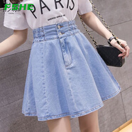 FSHE夏季牛仔半身裙子2025年裙褲a字短裙高腰百褶女夏小個(gè)子傘裙 淺藍色 2XL （建議125-140斤）