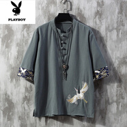 花花公子（PLAYBOY）刺繡亞麻短袖t恤男夏季薄款寬松潮牌大碼唐裝中國風棉麻盤扣體恤 煙灰藍 XL