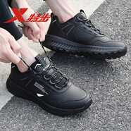 特步（XTEP）男鞋運動(dòng)鞋男秋冬男款休閑鞋皮面防潑水跑鞋透氣復古跑步鞋子男 黑-皮面防水 42