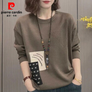 皮爾卡丹（pierre cardin）撞色針織打底衫女圓領(lǐng)毛衣女款寬松顯瘦大碼女裝2026春秋新款上衣 咖啡色 M 建議95-105斤