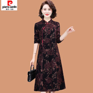 皮爾卡丹（pierre cardin）新中式媽媽秋冬裝連衣裙氣質(zhì)2024新款中老年加絨加厚打底旗袍裙子 金牡丹 3XL (參考120-135斤)