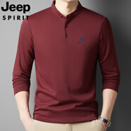 JEEP SPIRIT吉普2025新款絲光棉小立領(lǐng)長(cháng)袖T恤男打底小衫中年爸爸秋裝上衣 酒紅色 XL 175