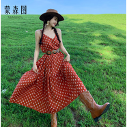 蒙森圖波西米亞風(fēng)連衣裙游牧民族云南大理海邊度假垂墜感新疆旅游復(fù)古印 紅色連衣裙 L