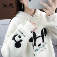 耿銳（gengrui）羊羔絨衛(wèi)衣女寬松2025秋冬新款韓版百搭加絨加厚米奇刺繡連帽上衣 白色（優(yōu)質(zhì)加絨加厚） M _90-105斤