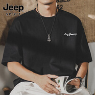 JEEP SPIRIT吉普美式280g重磅五分短袖T恤男純棉男士夏季潮寬松大碼半袖體恤 黑色 5XL 適合220-240斤