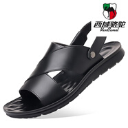 西域駱駝（VANCAMEL）男士夏季新款真皮涼鞋防滑軟底沙灘拖鞋 黑色 41