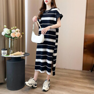 BMOI2025年夏季新款純含棉條紋短袖T恤女胖mm大碼顯瘦韓版長款連衣裙 961黑色條紋（棉好質量） M 建議80到110斤穿