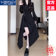 莫代爾法式不規(guī)則連衣裙女2025春秋新款腰顯瘦設(shè)計(jì)感V領(lǐng)氣質(zhì)純色長裙 黑色 L (110-125斤)