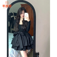 乖甜星赫本風(fēng)復古黑色法式顯瘦收腰顯瘦裙女春秋新款連衣裙小黑裙蓬蓬裙 黑色 S 【建議80-90斤】