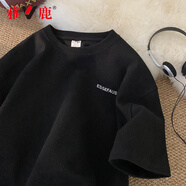 雅鹿華夫格短袖t恤男夏季潮流圓領冰絲透氣半袖上衣寬松五分袖體恤衫 T41黑色 XL 【建議體重115-140斤】