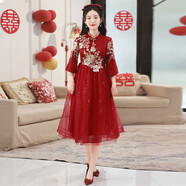 EYNL中式大碼敬酒服2024新款新娘結(jié)婚回門胖mm訂婚裙孕婦遮肚婚紗禮服 酒紅色 短款 S
