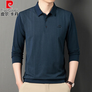 皮爾卡丹（pierre cardin）春秋裝條紋印花爸爸長(zhǎng)袖T恤男全棉翻領(lǐng)大碼上衣中年男純棉打底衫 831藏青 L 170/110(120-140斤)