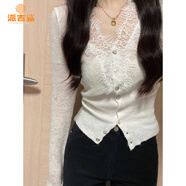 派吉鯊白色蕾絲邊V領(lǐng)性感修身針織開衫女秋冬大碼感大衣內(nèi)搭打底衫 白色 S 【 85-100斤】