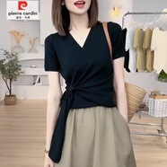 皮爾卡丹（pierre cardin）不規則短袖v領(lǐng)t恤女夏季新款收腰顯瘦交叉綁帶上衣大碼女裝潮 黑色 M 【建議100-120斤】
