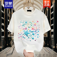 羅蒙（ROMON）2025夏季美式潮流t恤體恤男女情侶款星星印花寬松短袖百搭上衣潮 白色【前大圖K1019 彩色繁星 】 S 建議90-100斤