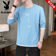 花花公子（PLAYBOY）品牌純棉長(cháng)袖t恤男裝春夏季潮流寬松圓領(lǐng)撞色打底小衫體恤上衣服 K1314藍色 3XL 建議  160-180斤