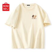 名創(chuàng)優(yōu)品（MINISO）純棉t恤男夏季2025新款衣服青少年親膚透氣時(shí)尚寬松大碼冰感短袖 【100%純棉】淺米(筆觸心) S 165 (男女同款)