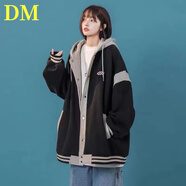 DALEY MODE美式棒球服外套女早秋寬松設計感小眾連帽開(kāi)衫衛衣ins潮休閑百搭 黑色[春秋薄款] XL 建議140-170斤
