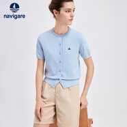 納維凱爾意大利小帆船女彈力短袖針織開(kāi)衫純色圓領(lǐng)外套2324595501 淡藍XL