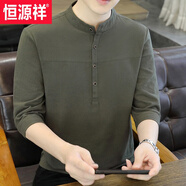 恒源祥棉七分袖恤男士短袖夏季薄款中國風(fēng)男裝潮流百搭立領(lǐng)半袖衣服 1899軍綠色 M