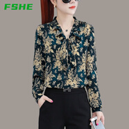 FSHE雪紡襯衫女長(cháng)袖秋季2025新款韓版上衣洋氣中年裝碎花雪紡小衫 藍色 XL 110-125