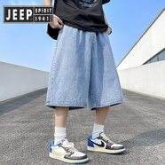 JEEP SPIRIT吉普日系闊腿牛仔短褲男夏季薄款松緊腰寬松直筒褲過膝七分褲 藍色 XL