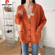 皮爾卡丹（pierre cardin）2021新款春秋款韓版外套大碼外搭女開衫毛衣寬松慵懶風(fēng)口袋上衣 橘紅商場品質(zhì) 加厚 加肥加大 5XL