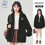 JEANSWEST CLUB真維斯連帽開衫衛(wèi)衣女加絨潮牌外套秋冬季休閑時(shí)尚百搭運(yùn)動(dòng)帽衫