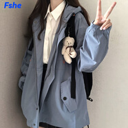 FSHE連帽長袖工裝外套女2025年春秋新款韓版學院風寬松百搭學生上衣潮 藍色[加棉]  厚款 XL