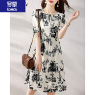 羅蒙（ROMON）連衣裙女2025年夏季新款套頭優(yōu)雅飄帶印花通勤簡(jiǎn)約收腰淑女中長(zhǎng)裙 花色 L