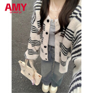 愛(ài)麥依韓系黑白條紋小香風(fēng)外搭毛衣外套慵懶針織衫夏季短款寬松開(kāi)衫女 米白色款 M 95-105斤