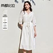尚都比拉度假連衣裙女秋季七分袖鏤空刺繡優(yōu)雅氣質A字裙V領系帶顯瘦中長裙