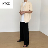 KTCZMRCYC冰絲短袖針織衫男士開衫寬松韓版休閑t恤夏季薄款半袖外套 卡其色 M