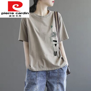 皮爾卡丹（pierre cardin）品牌高檔女裝 純棉短袖T恤女2024年新款夏季寬松體恤韓版休閑打底 卡其色 01款 XL 120-135斤