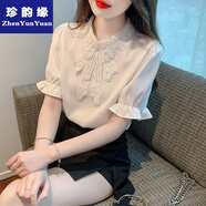 珍韻緣短袖T恤女2024新款夏季寬松純色高級感氣質(zhì)系帶體恤衫雪紡上衣潮 白色 S