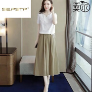 夏典素訂女王（SE.PSTP）兩件套純色小香風(fēng)女半身裙子棉麻V領(lǐng)時(shí)尚上衣洋氣休閑夏季套裝 卡其色套裝今年流行的輕奢品牌 M 建議100斤內