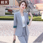 晨芙小西裝外套女中袖休閑職業(yè)裝西服套裝氣質(zhì)網(wǎng)紅款時尚主持人工作服 88237灰色西裝+九分褲 XL 建議110-120斤
